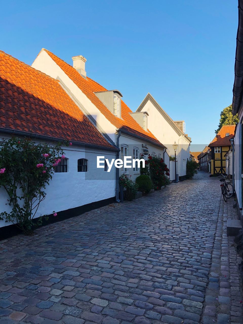 Footpath amidst houses in town against clear sky