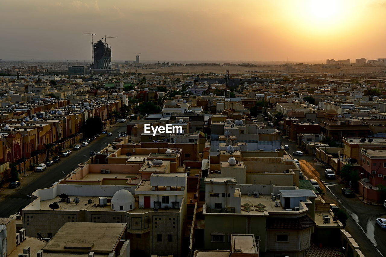 High angle view of buildings in city