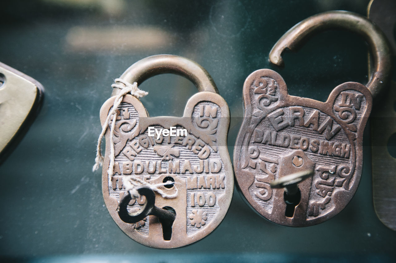 Close-up of old padlocks