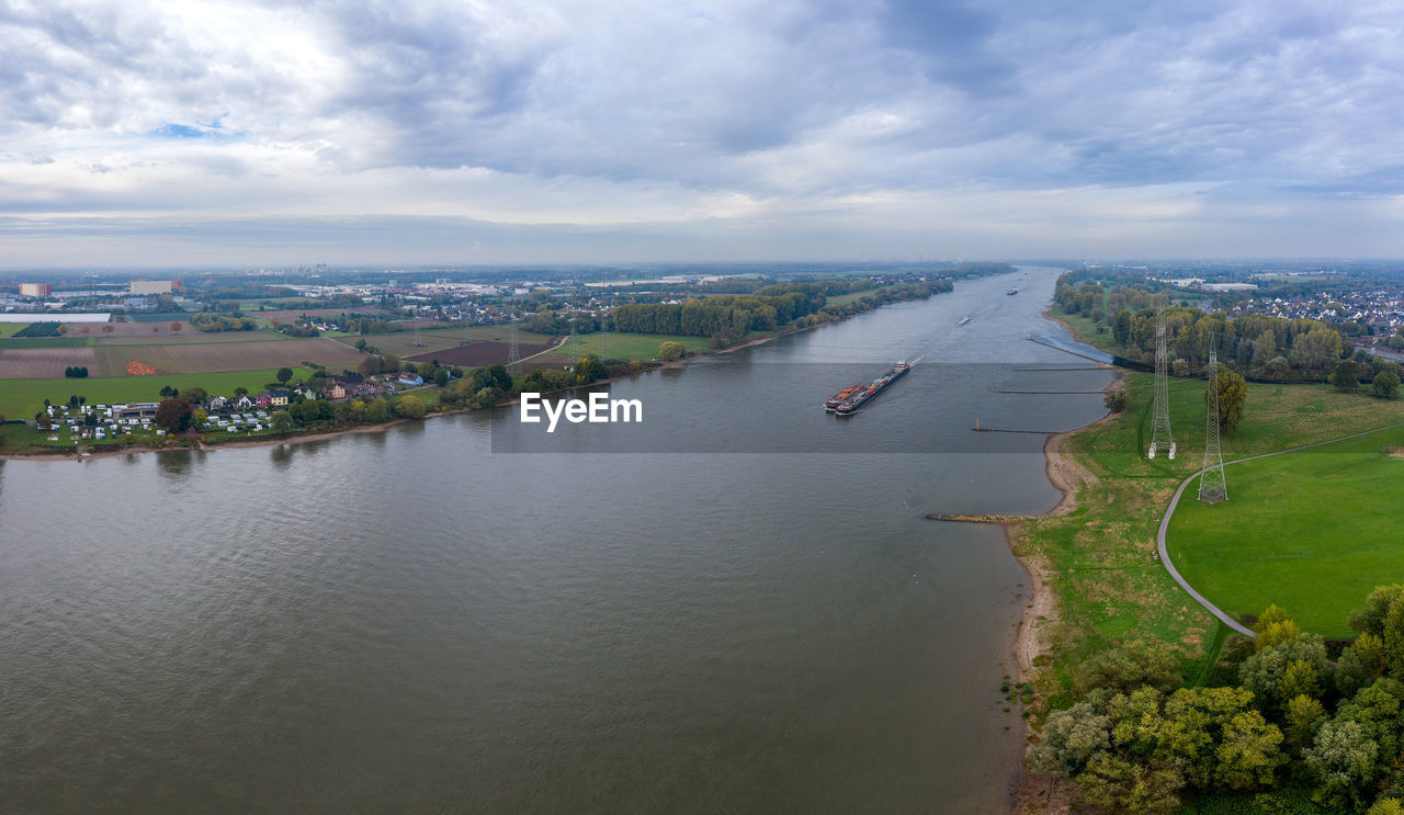 Panoramic view on riverboats on the rhine. aerial photography by drone.