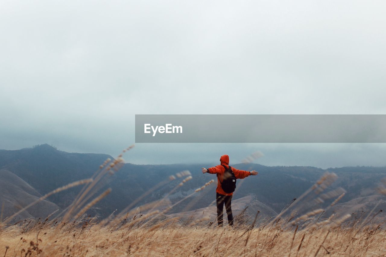 Rear view of man with arms outstretched standing on mountain