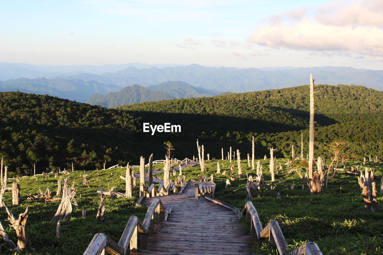 WOODEN POSTS ON LANDSCAPE AGAINST MOUNTAINS