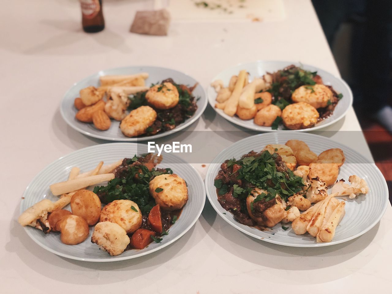 High angle view of food served on table