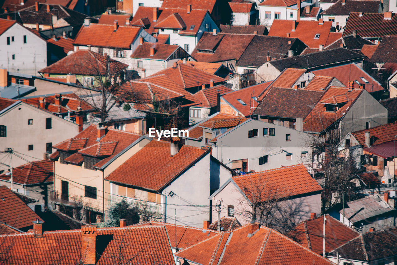 High angle shot of houses in town