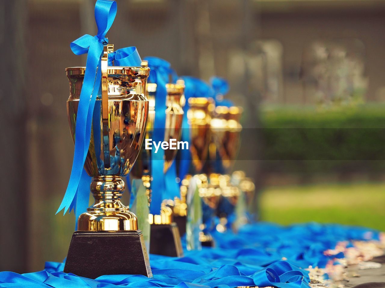 Close-up of gold trophies with blue ribbons on table