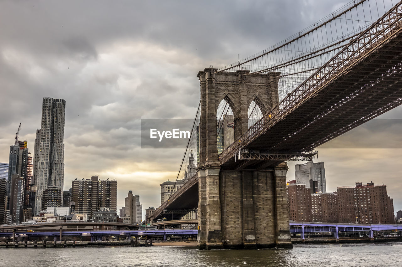 New york city, brooklyn bridge aerial view panorama at sunset over the river with city background 
