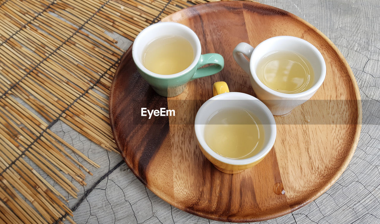 HIGH ANGLE VIEW OF BREAKFAST AND TABLE