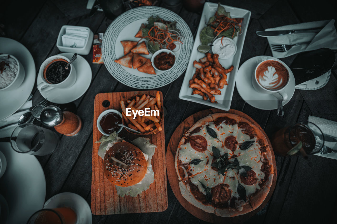 high angle view of food and coffee on table