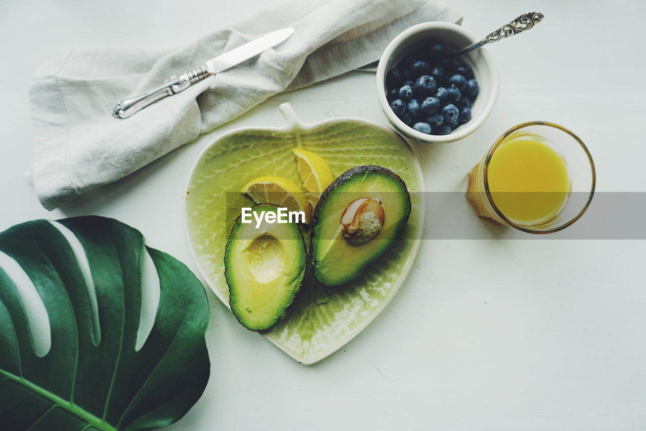 High angle view of breakfast on table