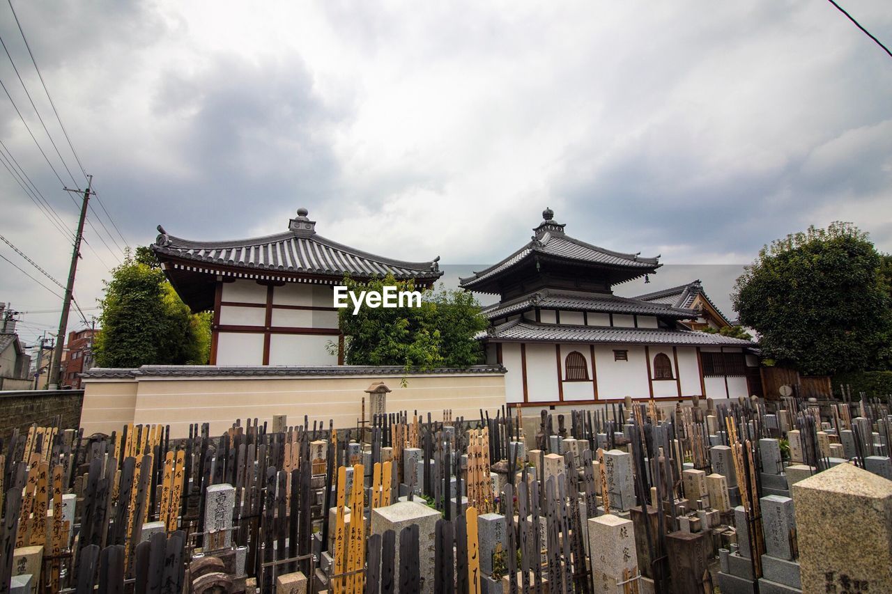 HIGH ANGLE VIEW OF TRADITIONAL TEMPLE AGAINST CLOUDY SKY