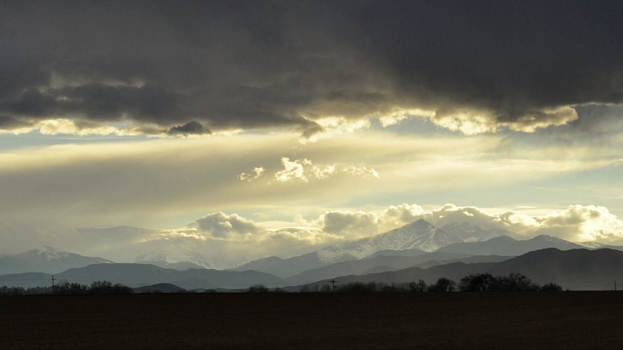 SCENIC VIEW OF MOUNTAINS AGAINST CLOUDY SKY AT SUNSET