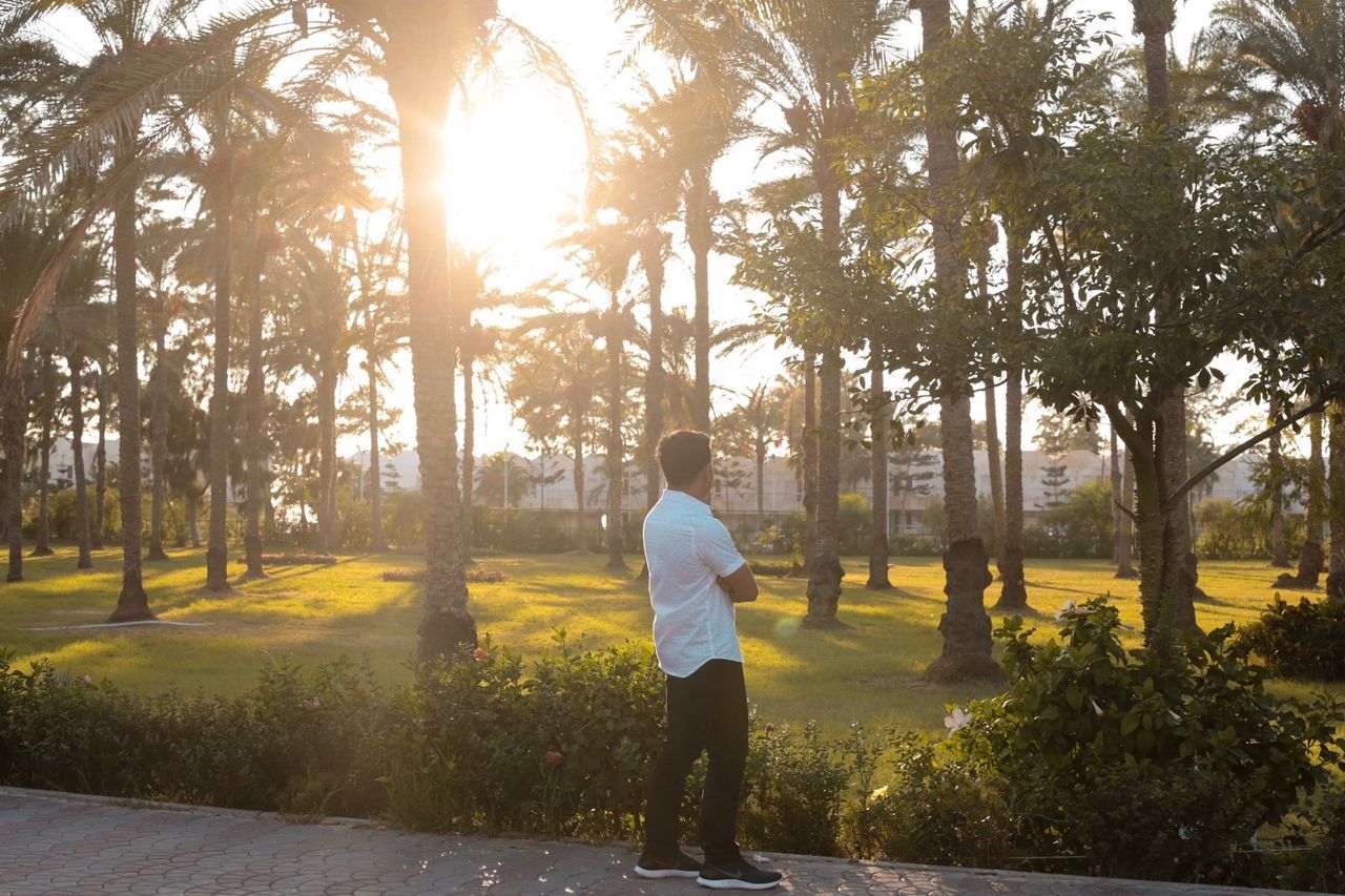 Side view of man standing at park during sunset