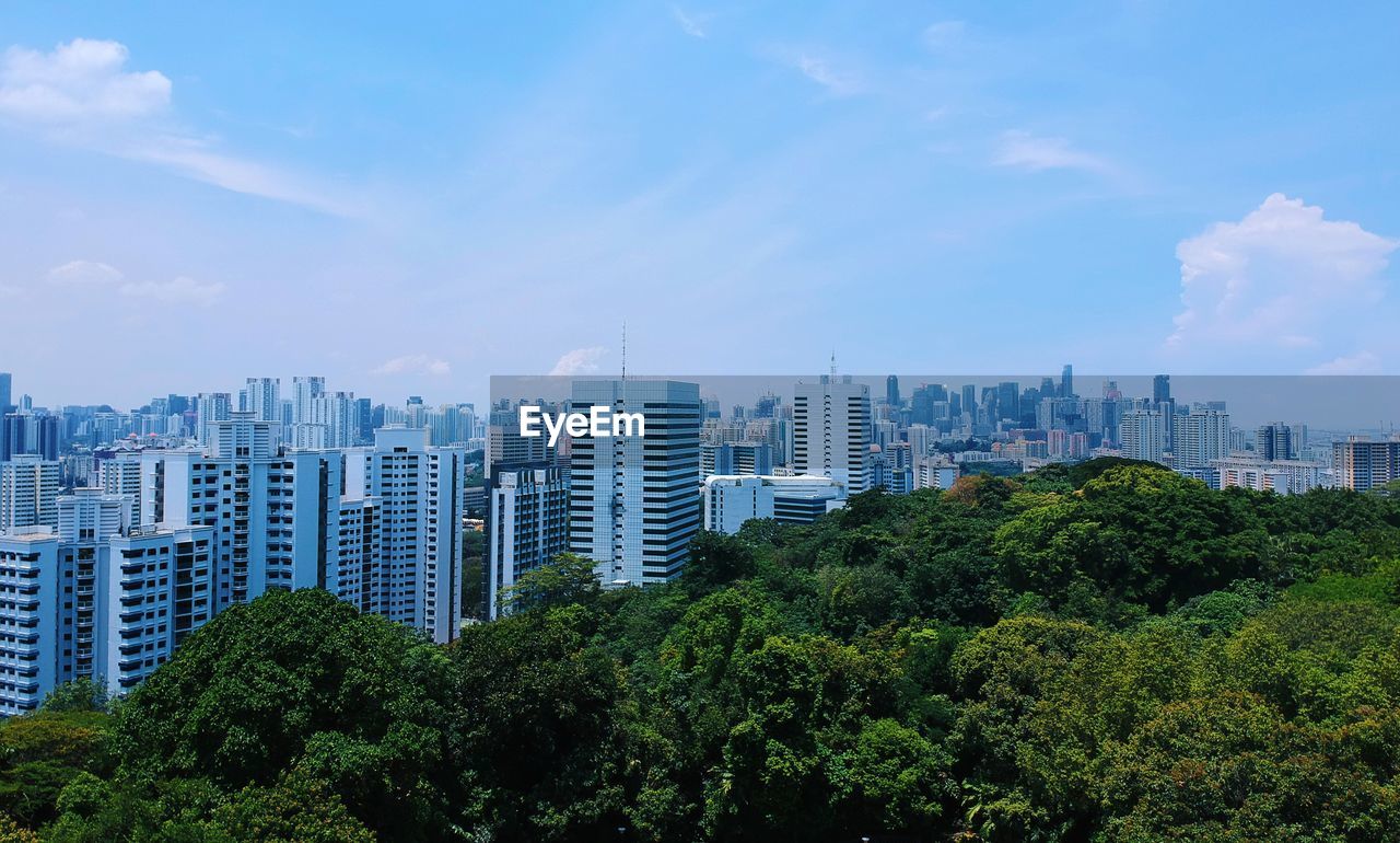 Trees and buildings in city against sky