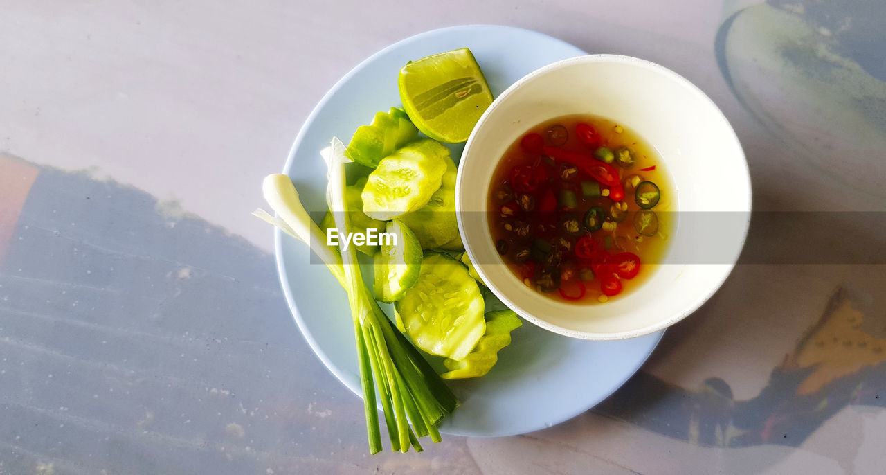 High angle view of meal served on table