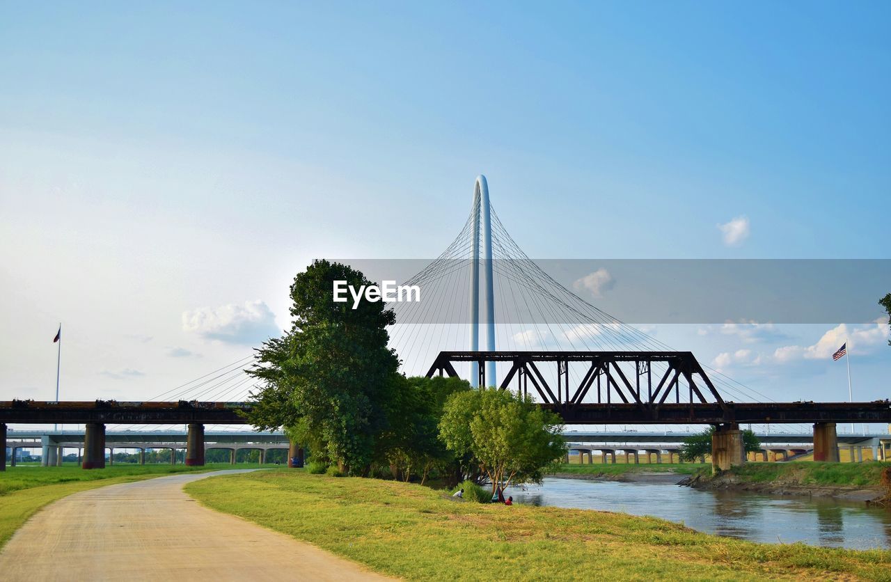 Railway bridge over river against sky