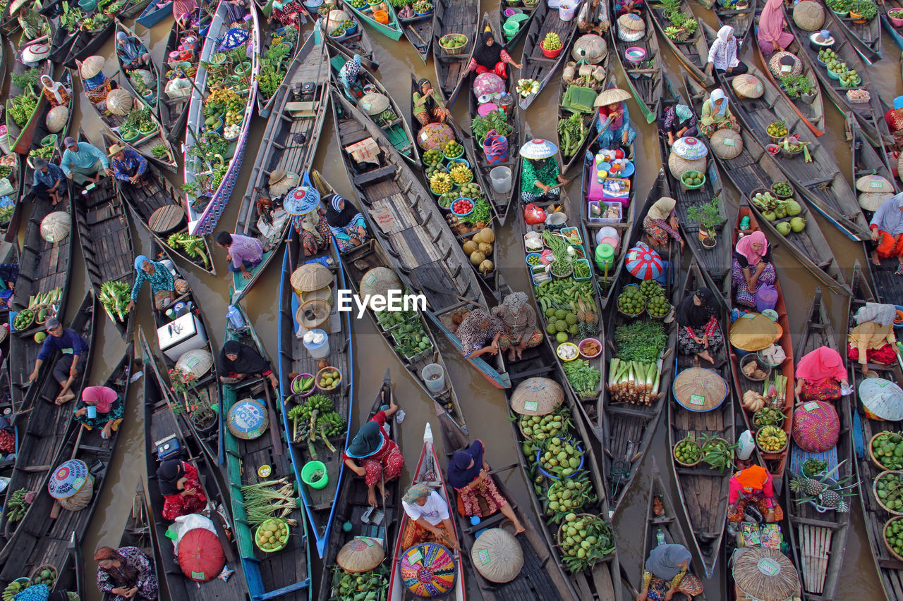 High angle view of floating market