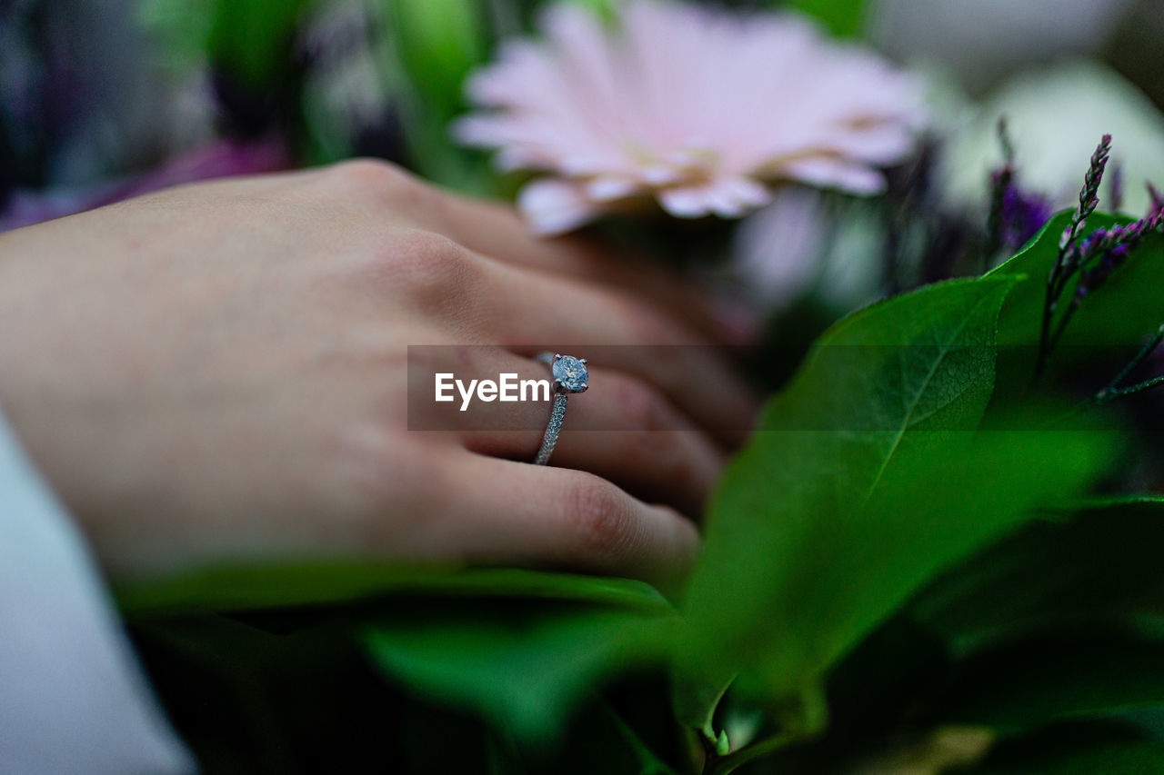 Close-up of hand with engagement ring holding flower
