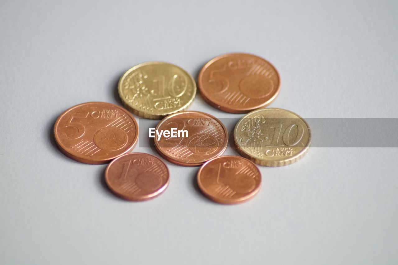 Close-up of coins against white background