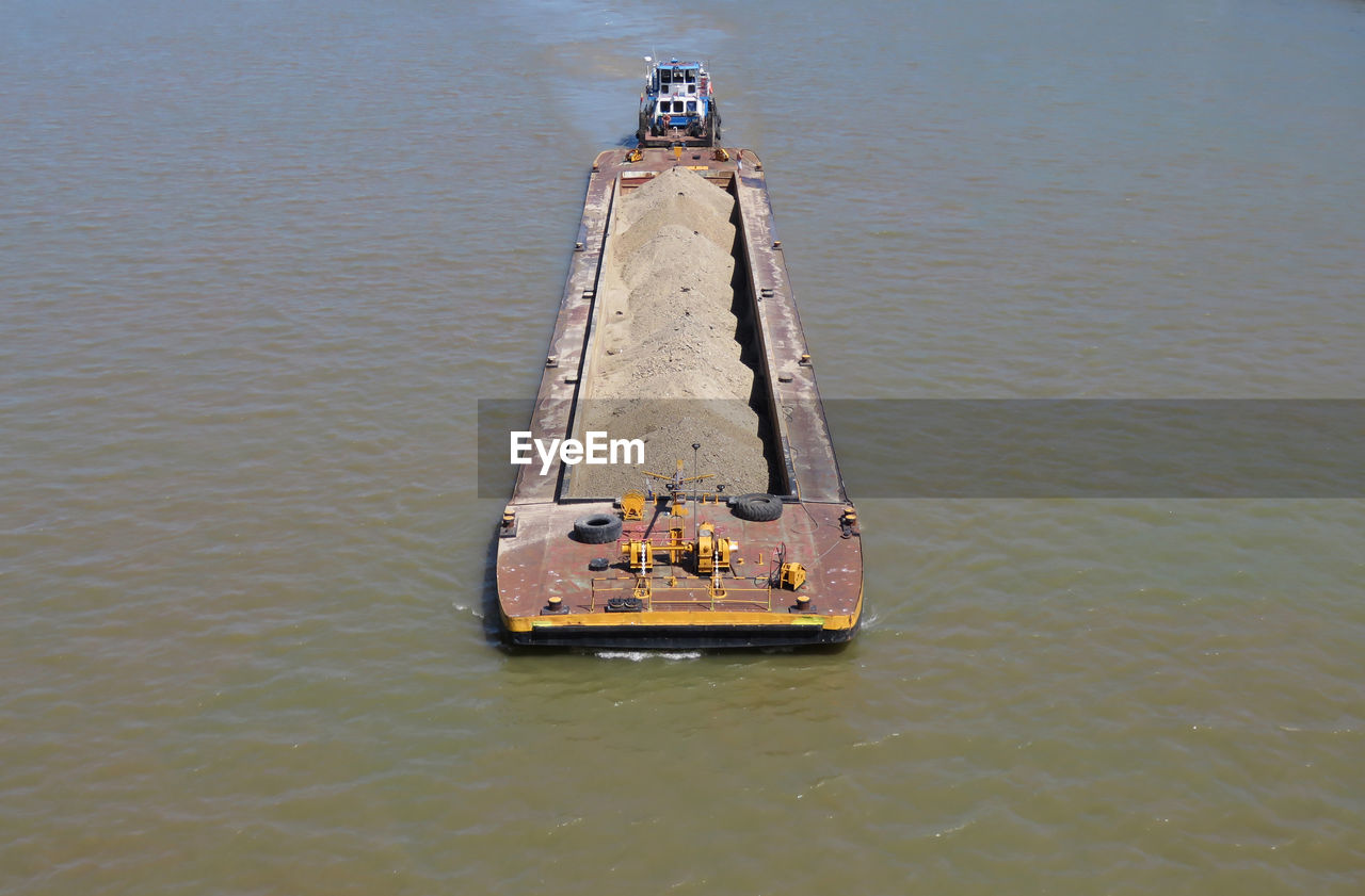 High angle view of barge on sea