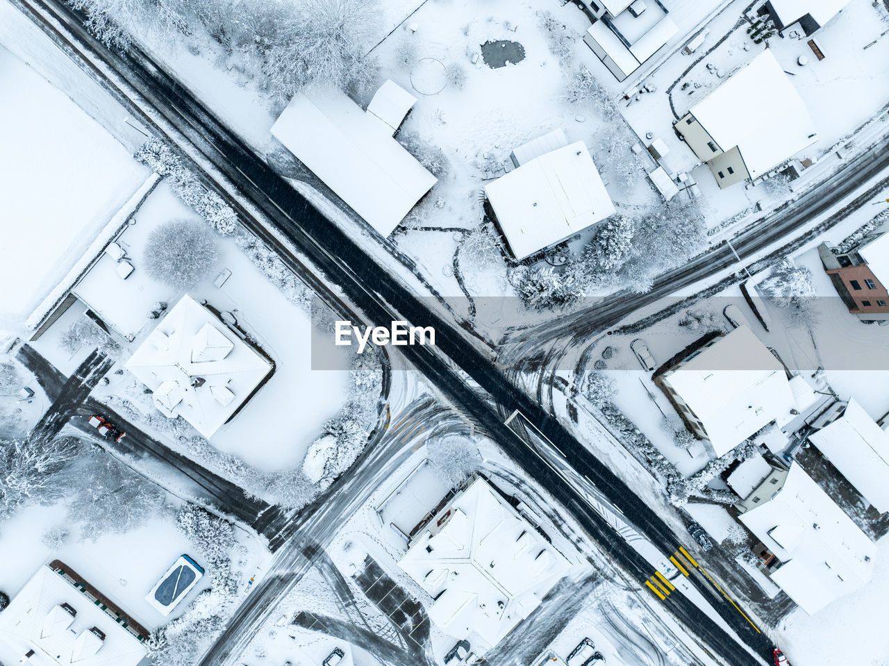 High angle view of residential area in winter with snow
