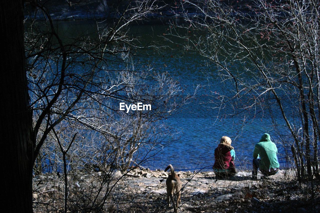 Rear view of man and woman with dog on shore