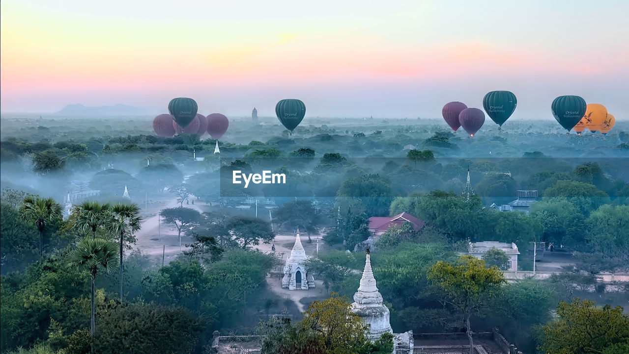 View of hot air balloons against sky during sunset,unseen of myanmar