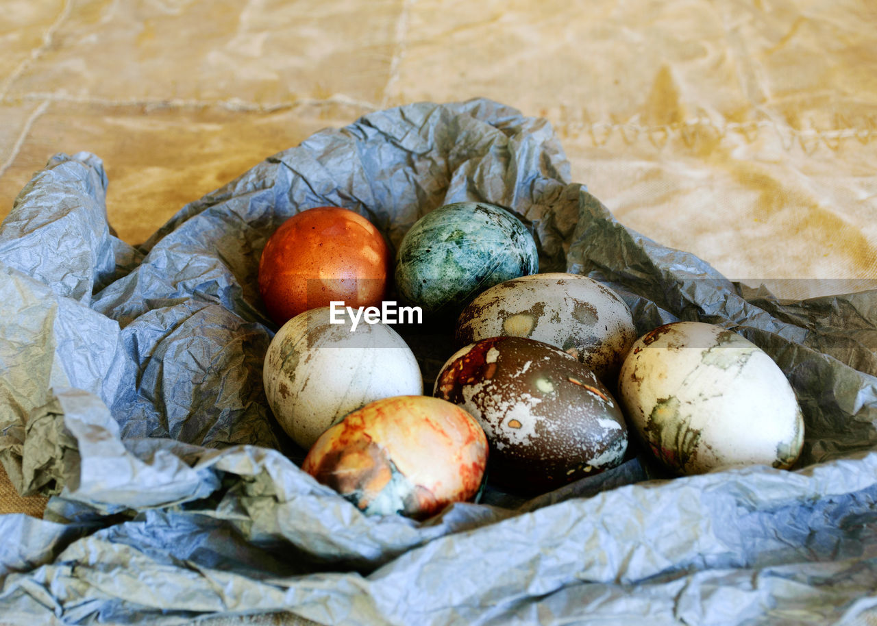 Still life with a group of colored eggs, the concept of celebrating easter