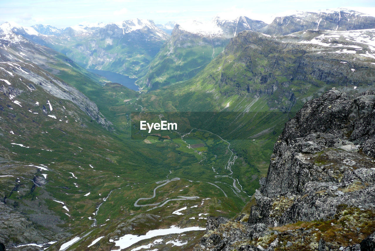 High angle view of rocks in mountains