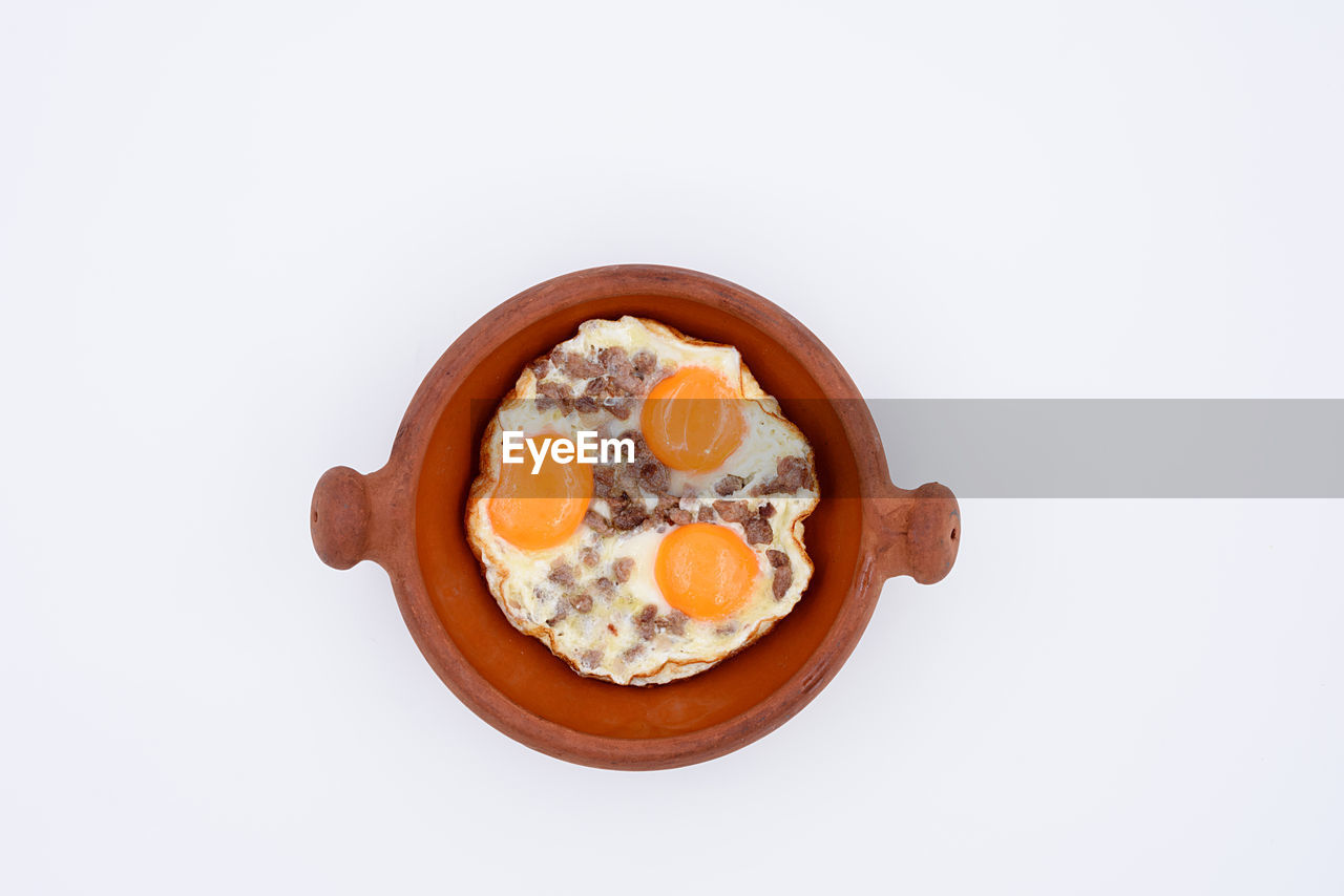 DIRECTLY ABOVE SHOT OF BREAKFAST ON PLATE AGAINST WHITE BACKGROUND