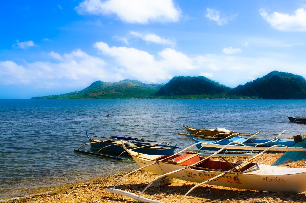 BOATS MOORED ON SEA AGAINST SKY