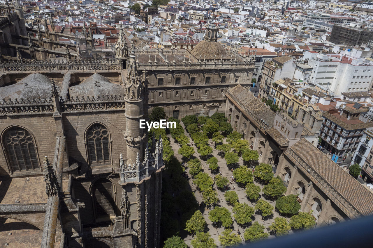 High angle view of buildings in city