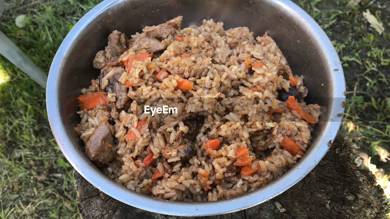 High angle view of meat in container