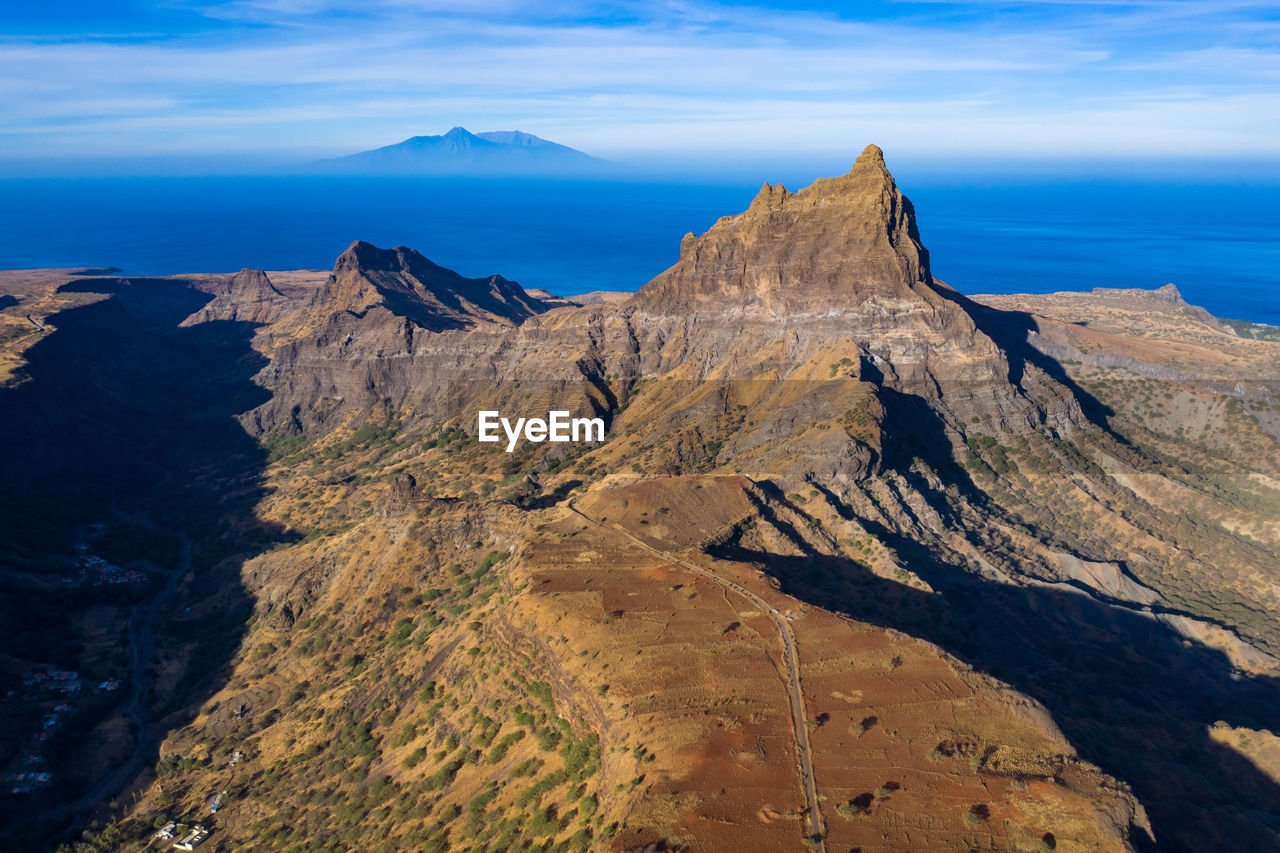 Scenic view of mountains and sea against sky