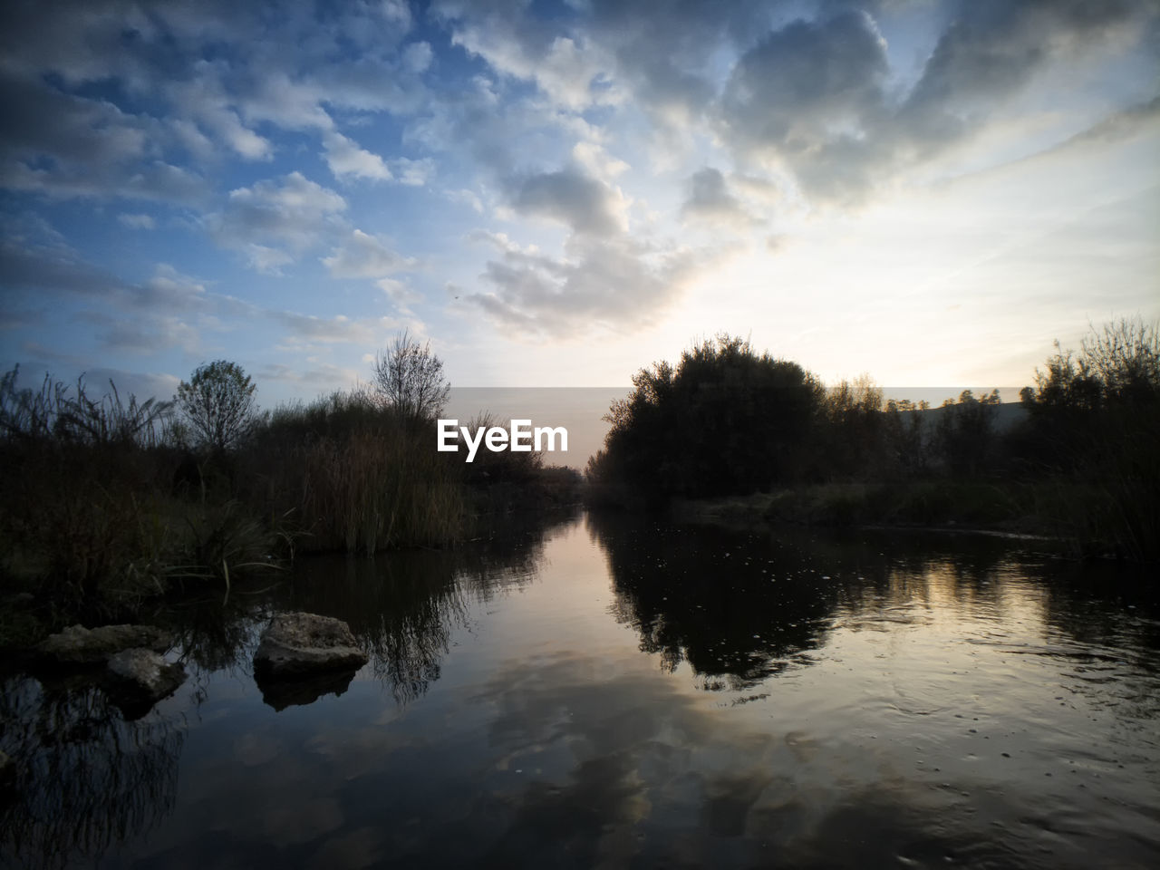 REFLECTION OF TREES IN LAKE AGAINST SKY