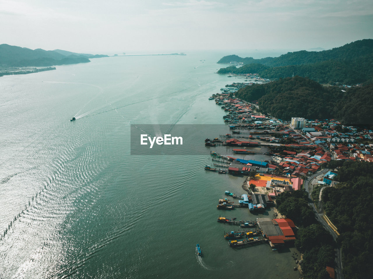 Top-down view drone shot of pangkor island, in perak state, malaysia country.