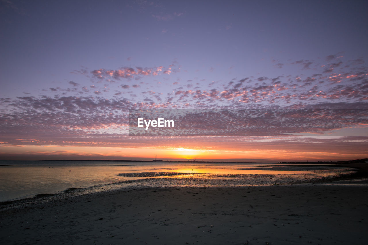 Scenic view of beach against sky during sunset