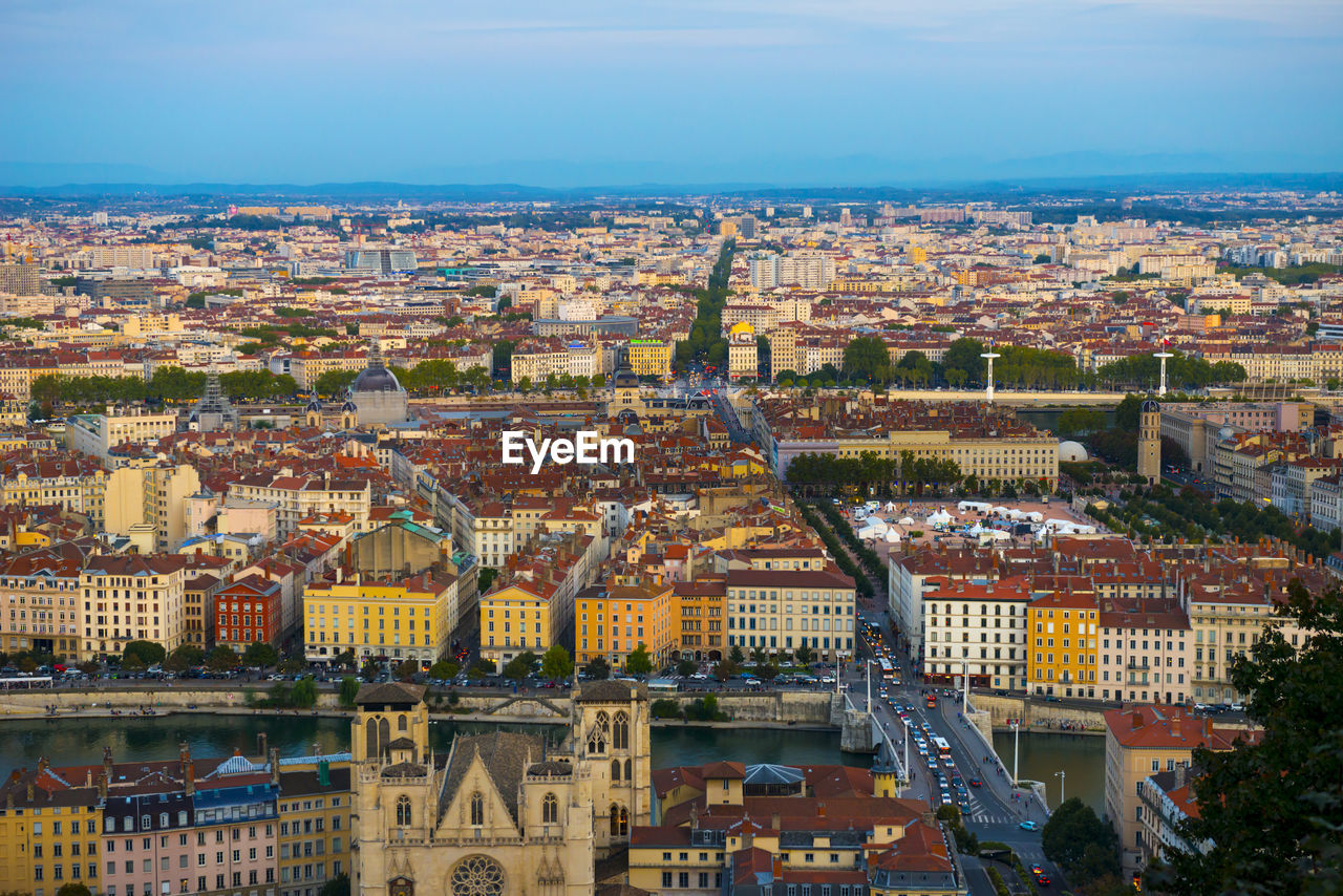 High angle view of buildings in city