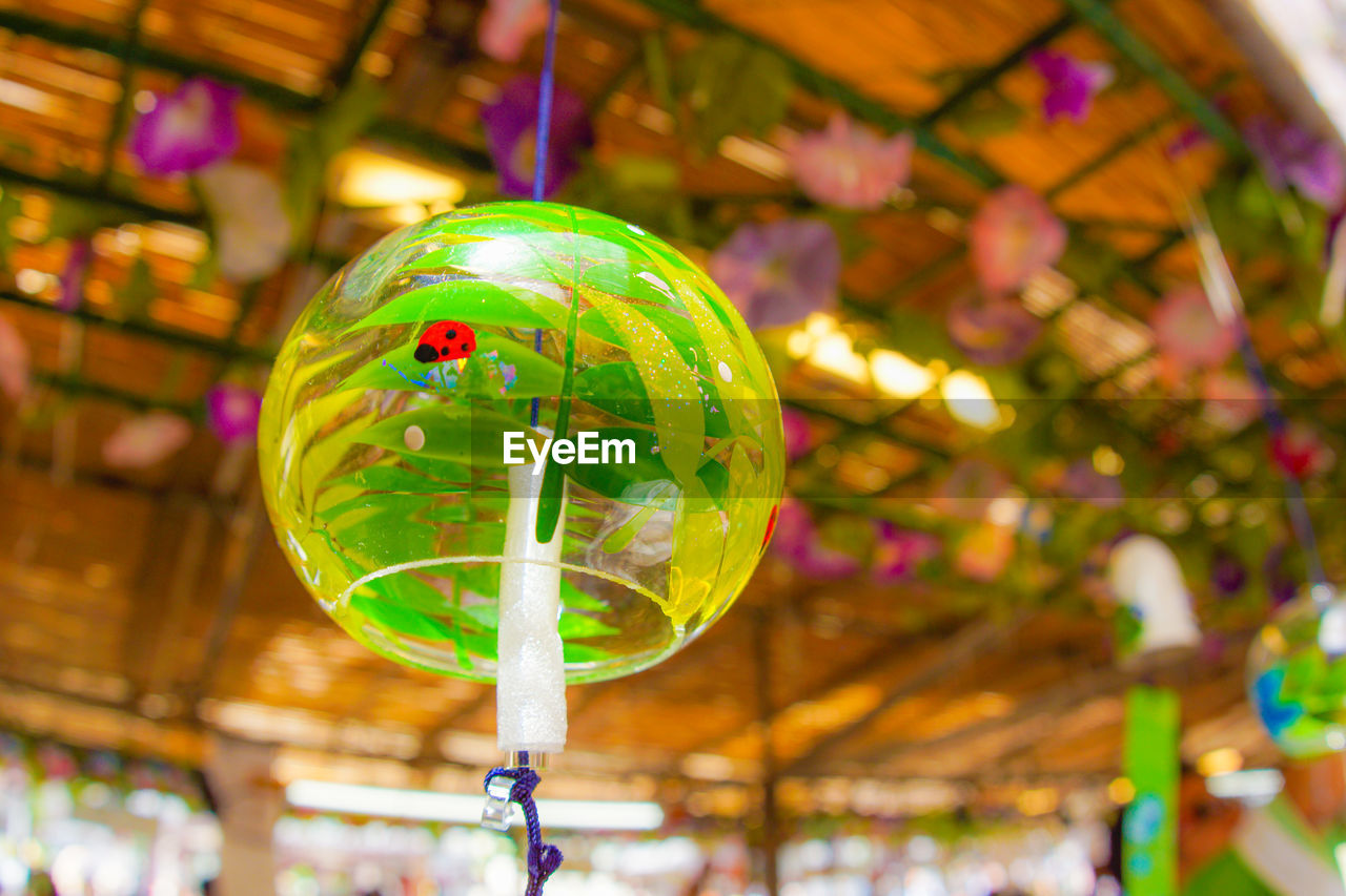 decoration, celebration, multi colored, amusement park, focus on foreground, hanging, holiday, park, arts culture and entertainment, outdoors, illuminated, fun, low angle view, no people, event, amusement ride, tradition, amusement park ride, nature, lighting equipment, green, christmas, sphere, fair