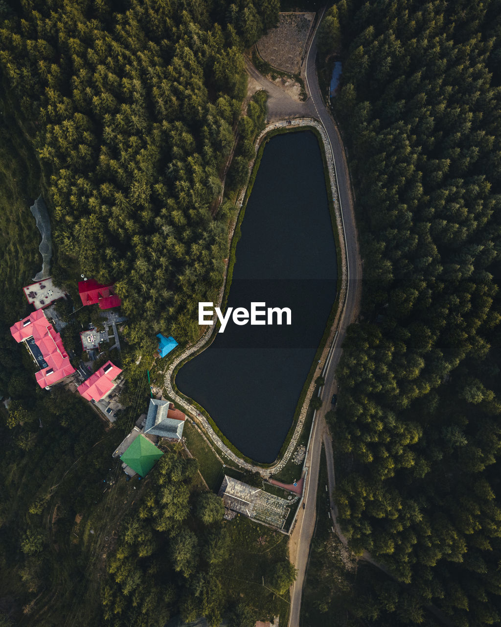 Aerail shot of a beautiful lake covered with trees. tani jubber lake situated in narkanda,