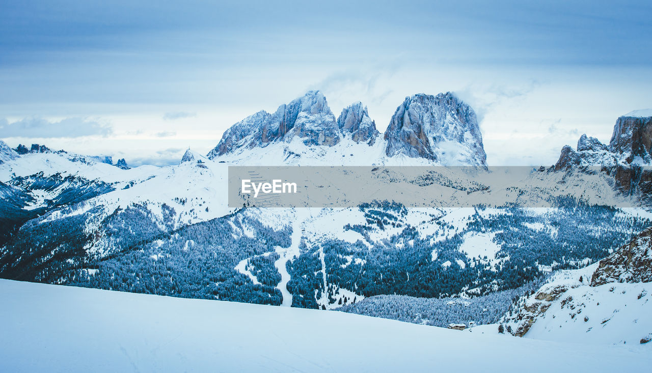 Scenic view of mountains against sky during winter