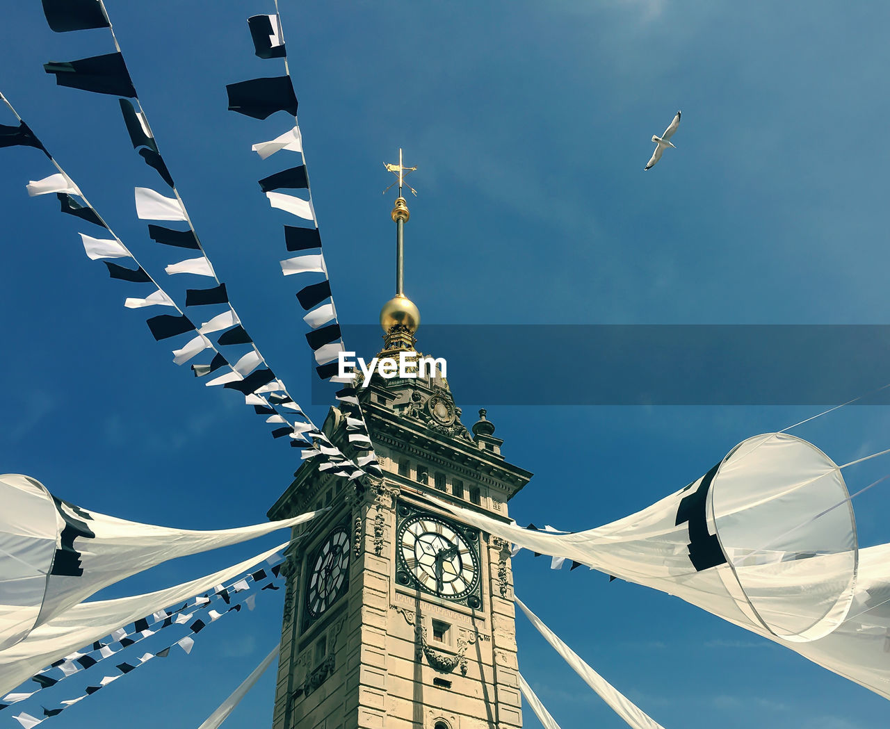 Low angle view of bird flying by clock tower with buntings against sky