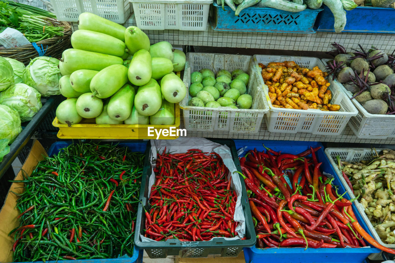 VEGETABLES FOR SALE IN MARKET STALL