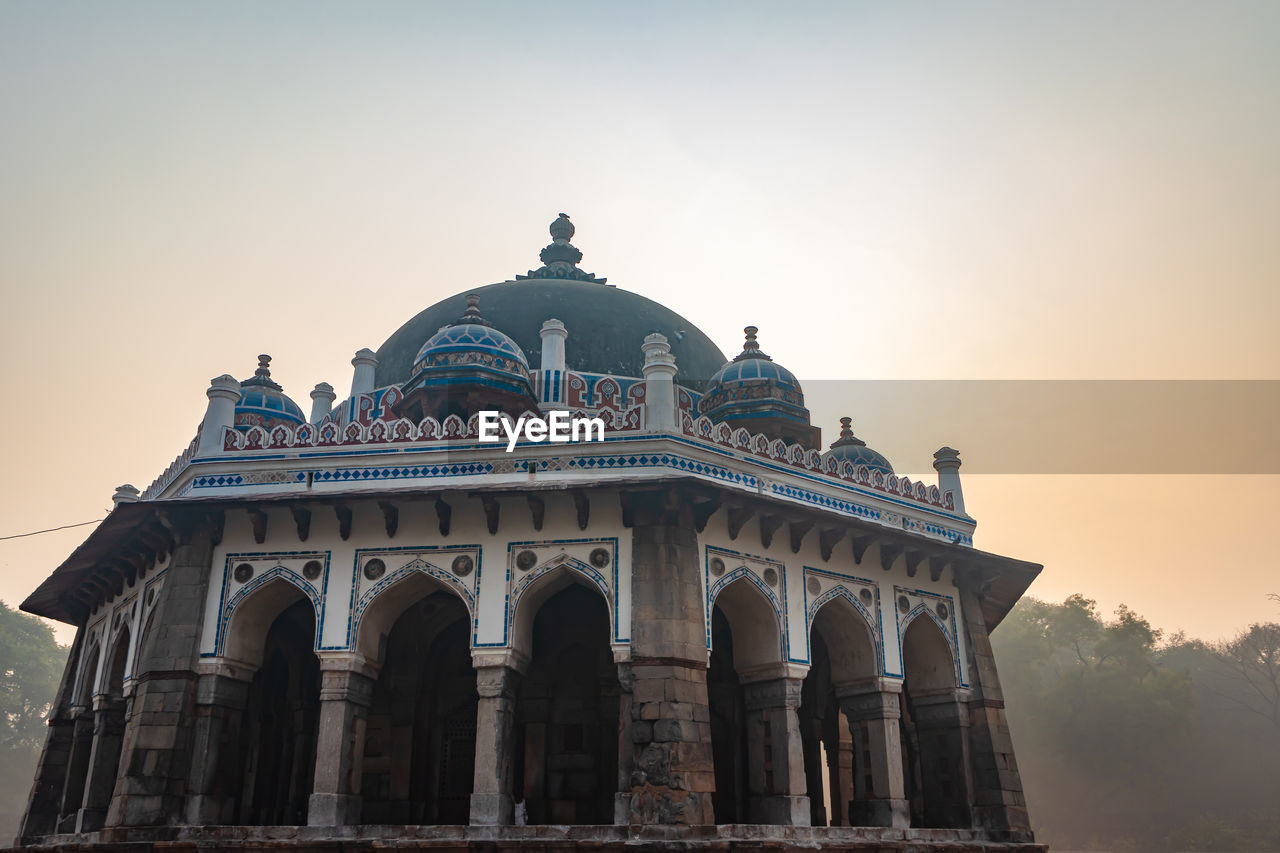 Nila gumbad of humayun tomb exterior view at misty morning from unique perspective