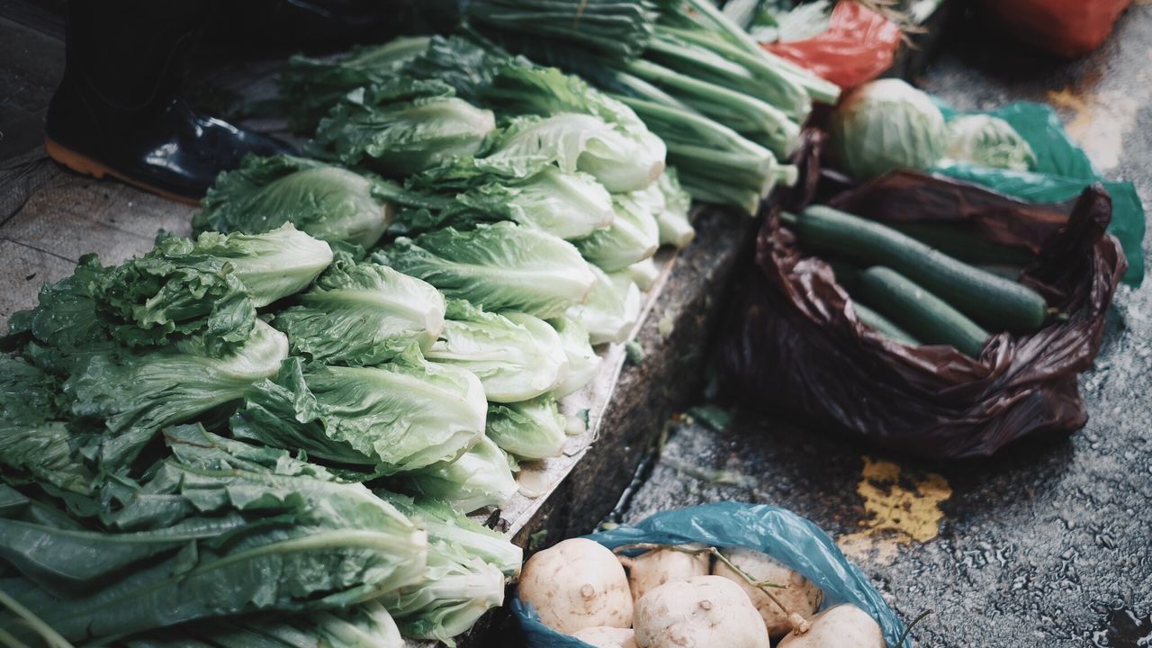 High angle view of vegetables for sale in market