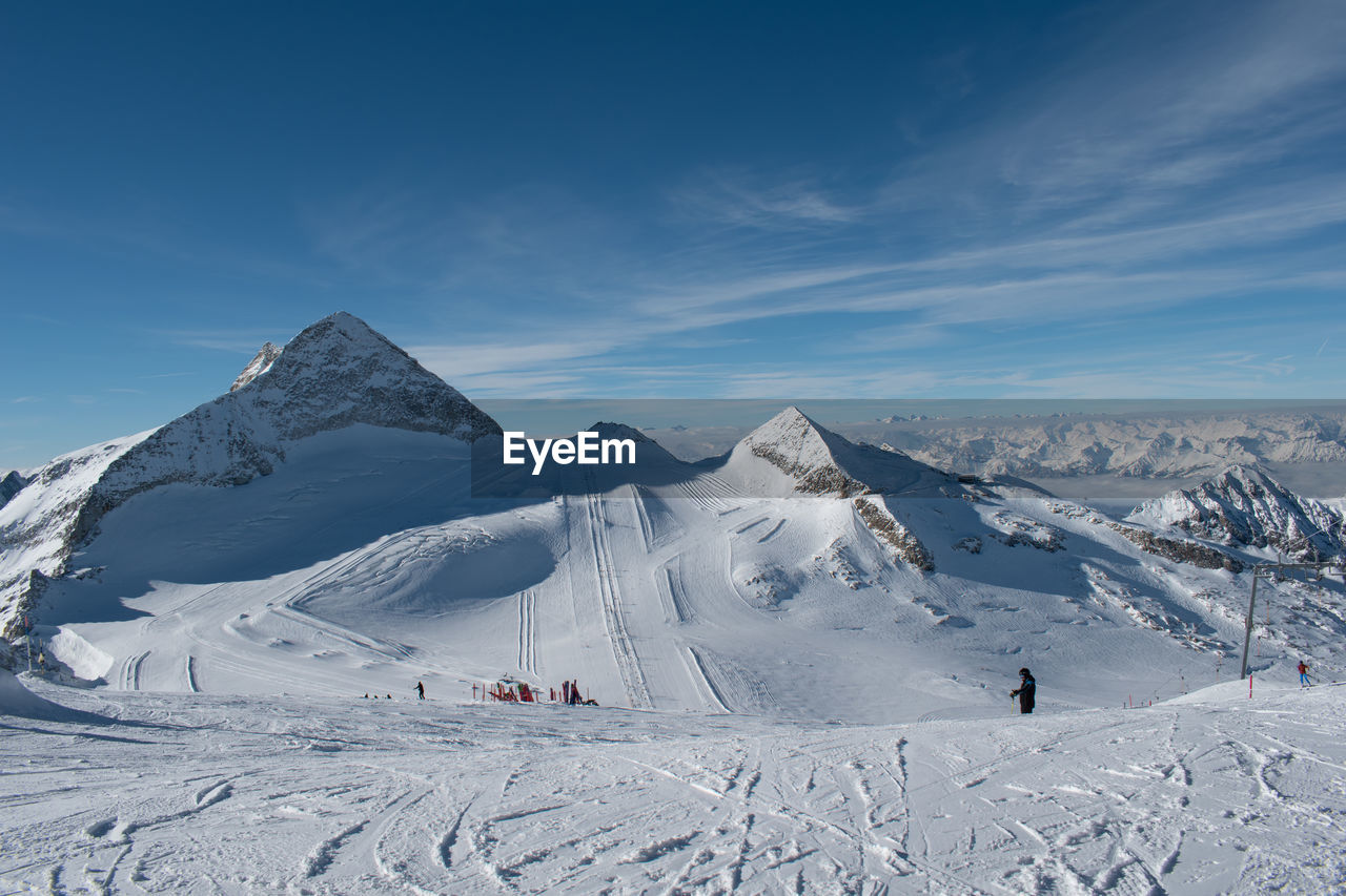 Hintertux glacier panorama on a sunny winter day. snowy background panorama, white winter scenery.