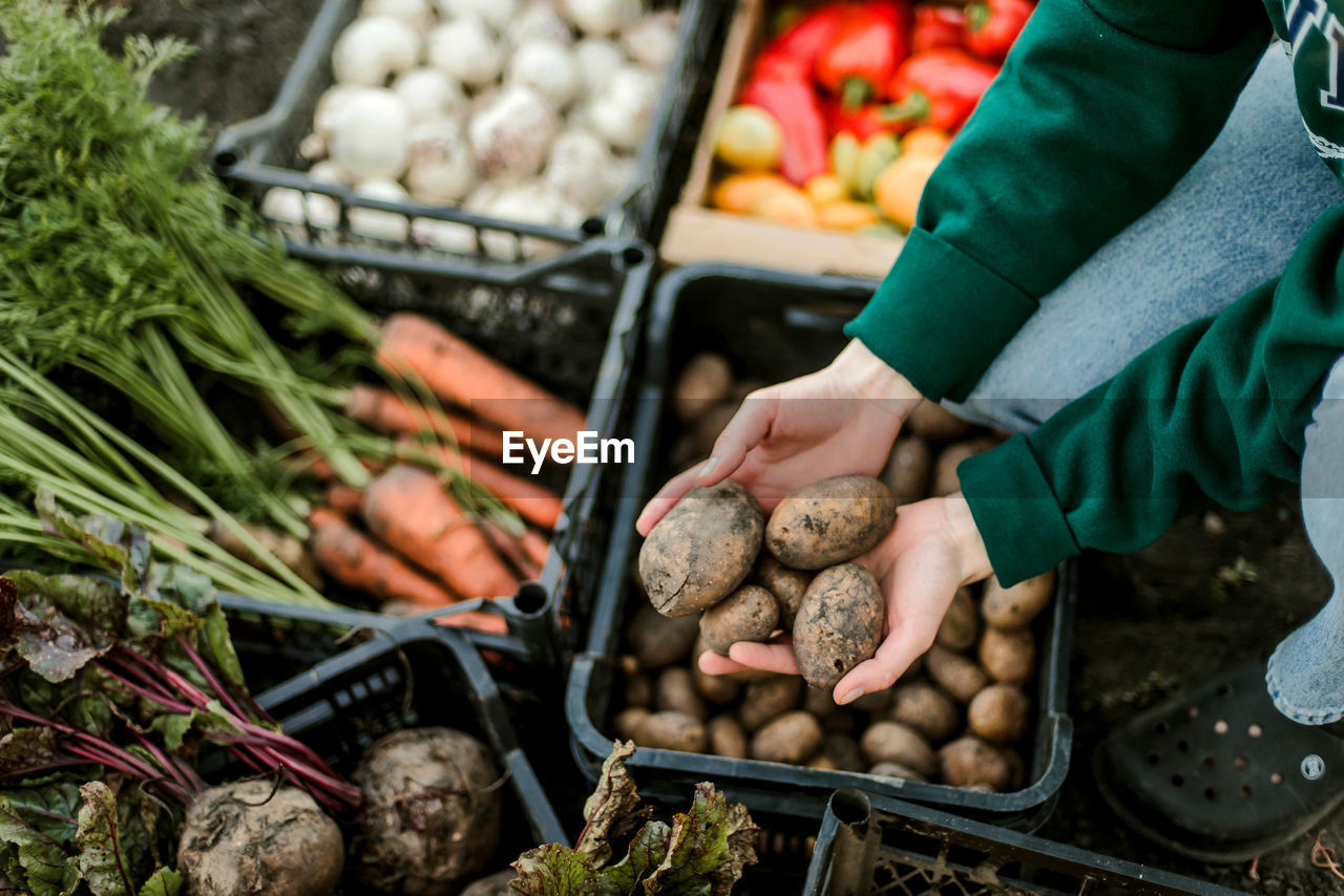 Low section of woman with vegetables for sale at market