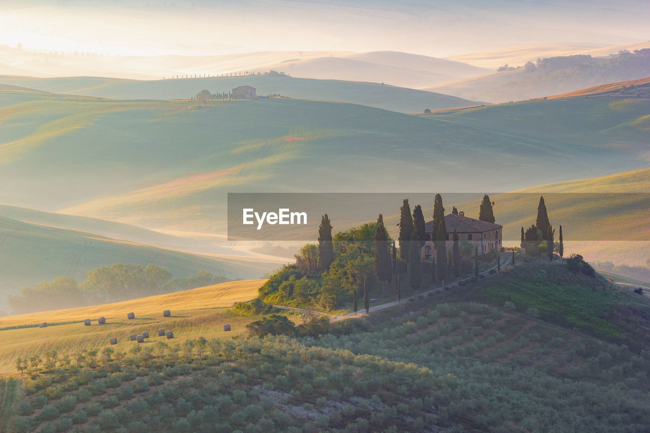 Val d'orcia, tuscany, italy. a lonely farmhouse with cypress and olive trees, rolling hills.