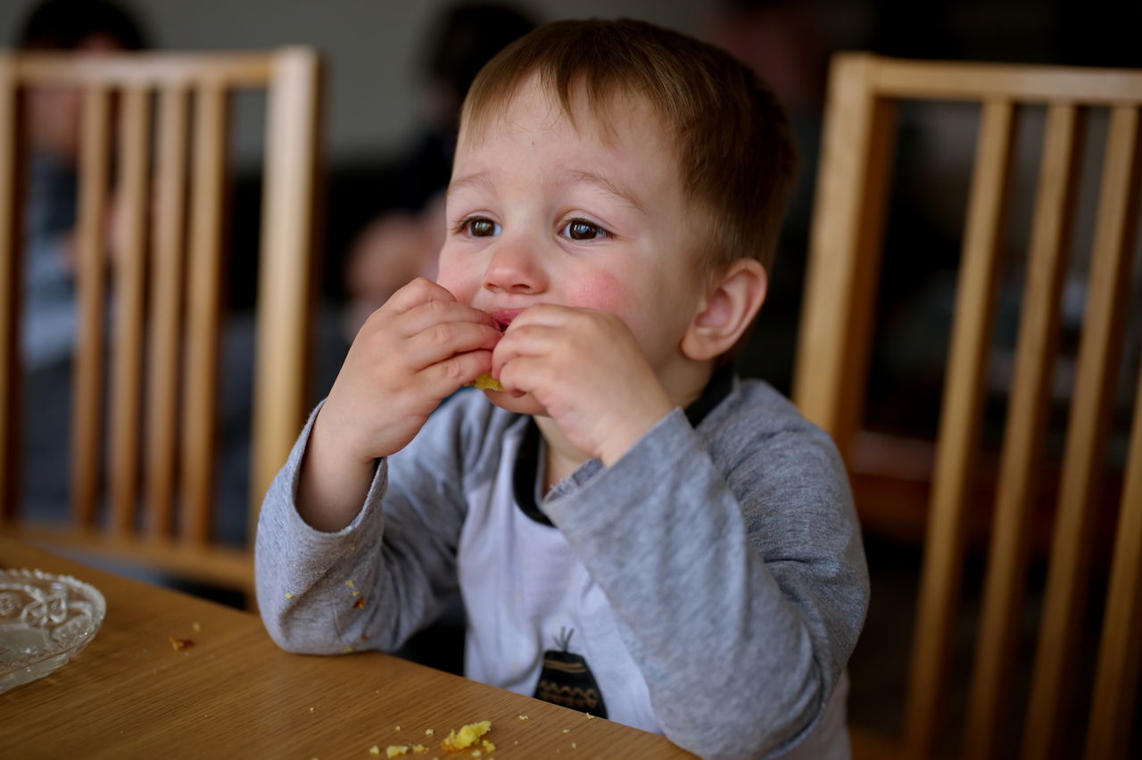 Toddler sitting at the table and eating cake