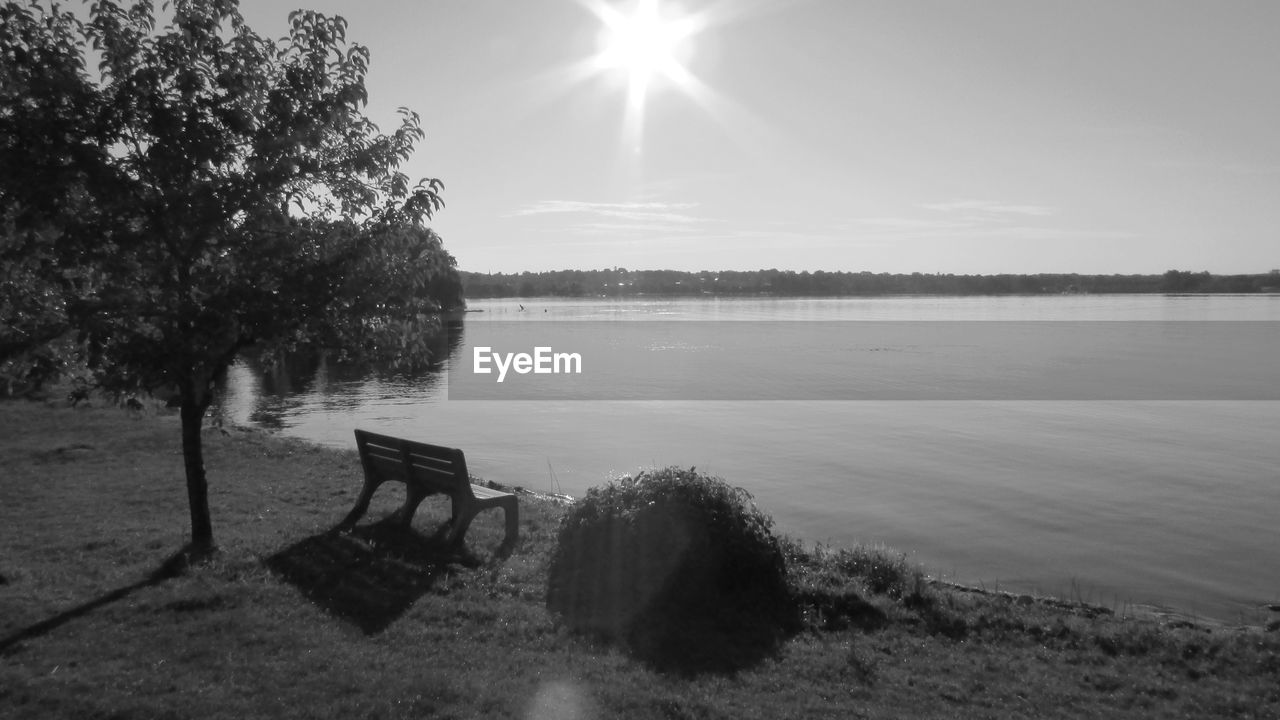 water, sky, nature, tranquility, beauty in nature, plant, tree, tranquil scene, scenics - nature, sunlight, black and white, lake, seat, monochrome photography, morning, sun, bench, monochrome, reflection, no people, shore, beach, land, sunbeam, outdoors, day, non-urban scene, horizon, environment, furniture, absence, idyllic, cloud, landscape, relaxation, park, grass, park bench