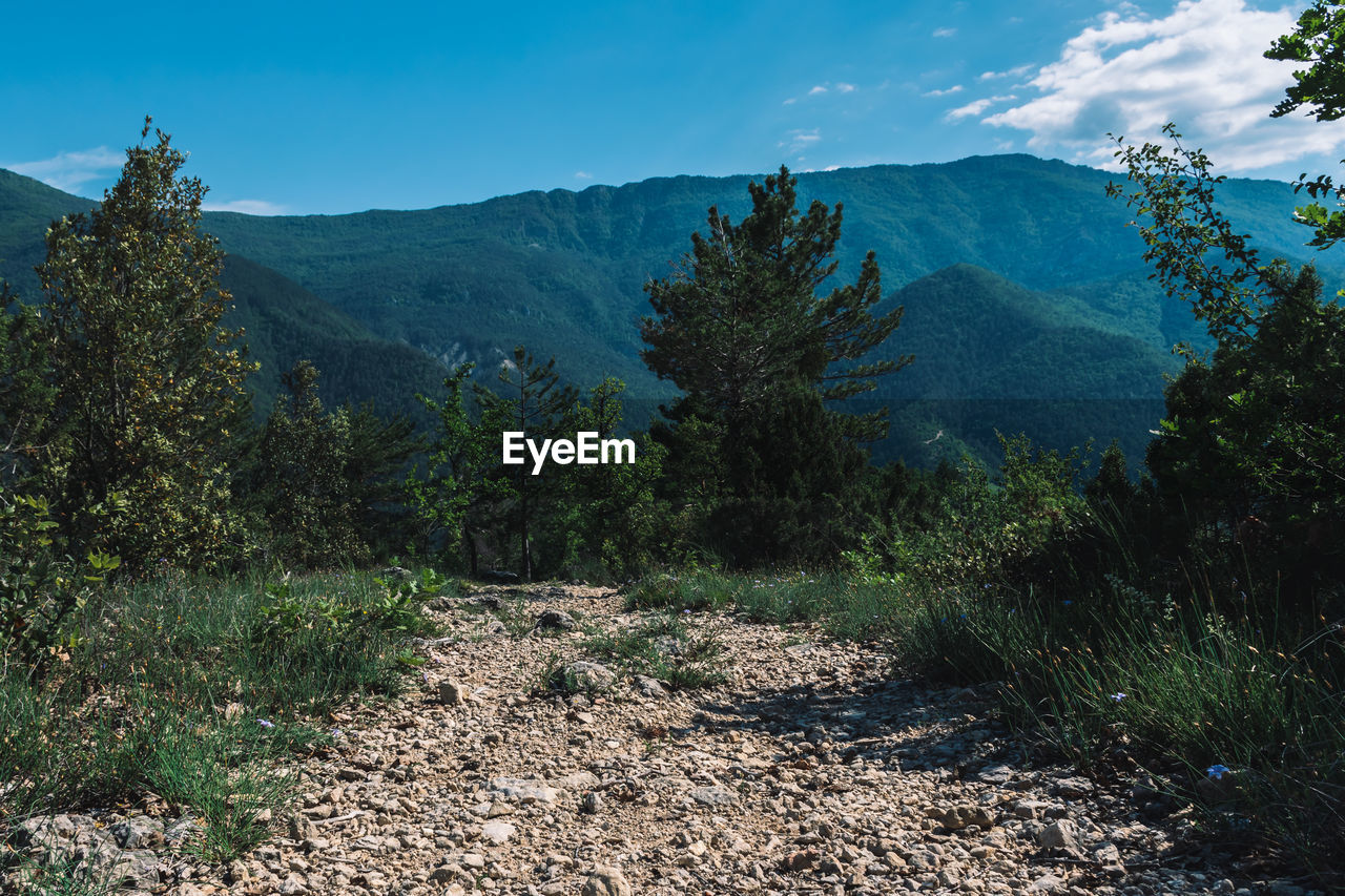 SCENIC VIEW OF FIELD BY MOUNTAINS AGAINST SKY